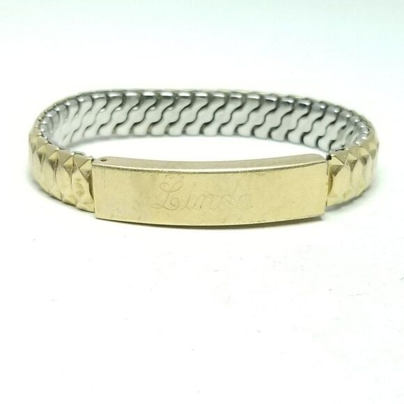Vintage Engraved ID Bracelet, Linda Love Jim Gold Tone Stretch Band Bangle - Picture 1 of 7